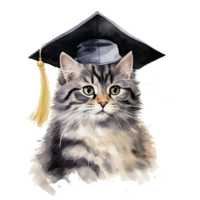 Cute watercolor cat in graduarion cap isolated png