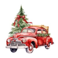 schattig Kerstmis waterverf rood retro auto met Kerstmis boom leugens Aan het geïsoleerd png