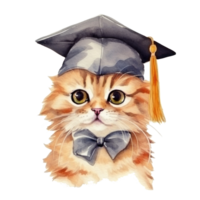 Cute watercolor cat in graduarion cap isolated png