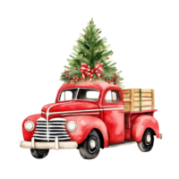 Cute christmas watercolor red retro car with christmas tree lies on it isolated png