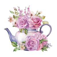 Aquarell Teekanne mit Blumen isoliert png