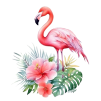 söt vattenfärg flamingo med tropisk blommor isolerat png