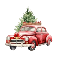 carino Natale acquerello rosso retrò auto con Natale albero bugie su esso isolato png
