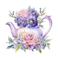 Watercolor teapot with flowers isolated png