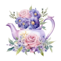 waterverf theepot met bloemen geïsoleerd png