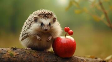 Cute hedgehog in forest with apple photo