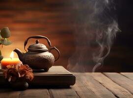 A teapot and other tea items on a wooden table photo