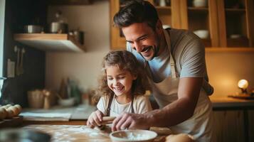 Father and child baking in kitchen photo