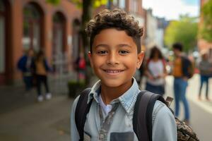 A happy child in black walking into school photo