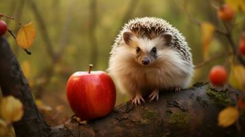 Cute hedgehog in forest with apple photo