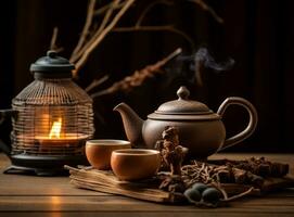 A teapot and other tea items on a wooden table photo