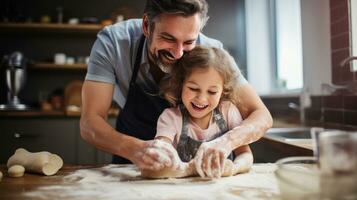 Father and child baking in kitchen photo