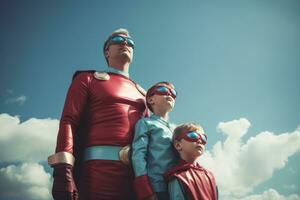 papá con hijos y hija en superhéroe disfraz foto