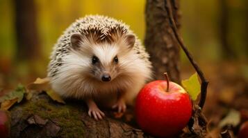 Cute hedgehog in forest with apple photo