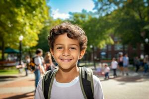 un contento niño en negro caminando dentro colegio foto