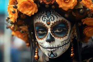 un mexicano mujer con azúcar cráneo maquillaje y flores foto