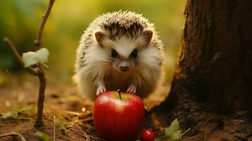 Cute hedgehog in forest with apple photo