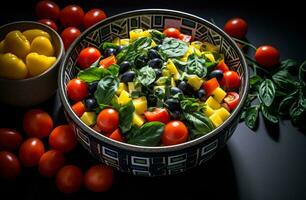 Spinach salad in bowls, with tomato and grapes photo