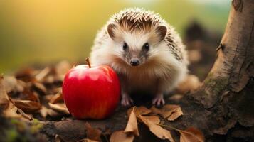 Cute hedgehog in forest with apple photo