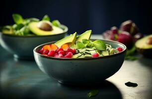 Spinach salad in bowls, with tomato and grapes photo