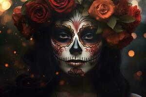 A mexican woman with sugar skull makeup and flowers photo