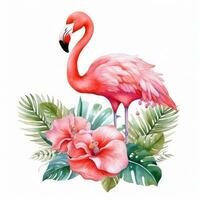 Cute watercolor flamingo with tropical flowers isolated photo