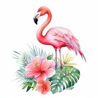 Cute watercolor flamingo with tropical flowers isolated photo