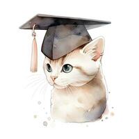 Cute watercolor cat in graduarion cap isolated photo