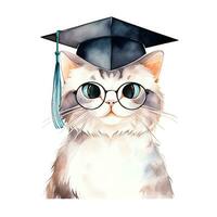 Cute watercolor cat in graduarion cap isolated photo