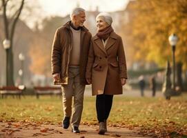 Happy senior couple in autumn park photo