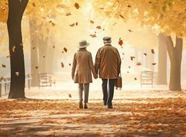 Happy senior couple in autumn park photo