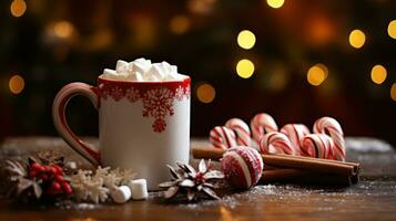 An amazing photo of gourmet hot cocoa in a beautiful Christmas mug