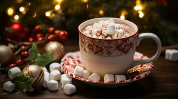 An amazing photo of gourmet hot cocoa in a beautiful Christmas mug