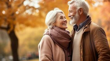 Happy senior couple in autumn park photo