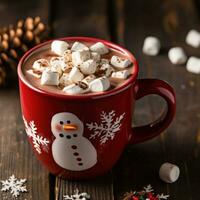 An amazing photo of gourmet hot cocoa in a beautiful Christmas mug