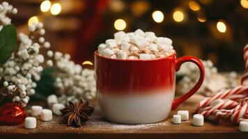 un increíble foto de gastrónomo caliente cacao en un hermosa Navidad jarra