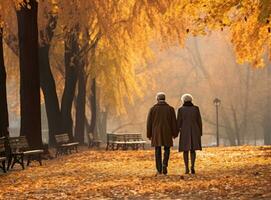 Happy senior couple in autumn park photo