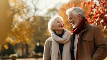 Happy senior couple in autumn park photo