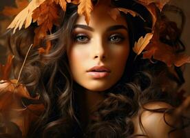 mujer retrato en otoño hojas foto