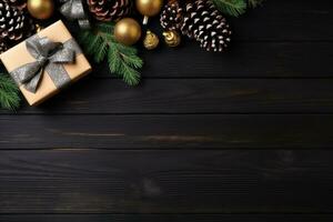 Christmas background on dark wooden table photo