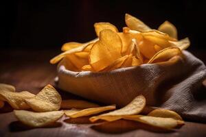 Chips close-up on a wooden background. technology. photo