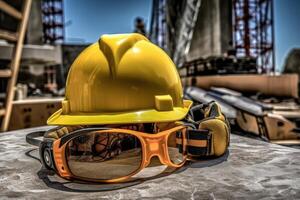 Personal protective equipment on the background of a construction site. Generative AI technology. photo