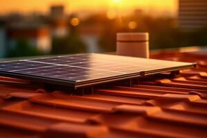 Solar panels on the roof of the house. Generative AI technology. photo