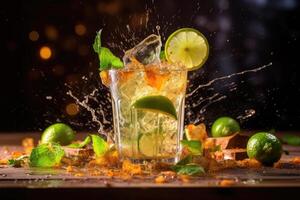 Mojito cocktail with ice on a black background. technology. photo