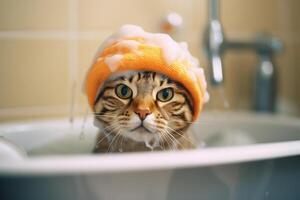 el gato es baños en el baño. generativo ai tecnología. foto