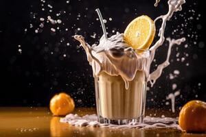 Milkshake with orange on a dark background. Generative AI technology. photo