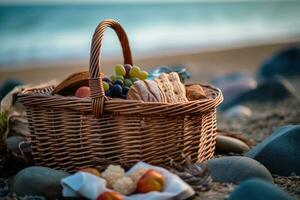 A basket of groceries on the beach. Generative AI technology. photo
