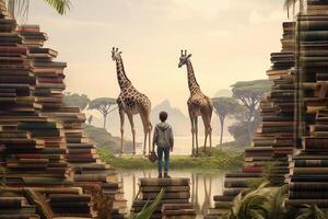 The boy reads a book and fantasizes about traveling. technology. photo