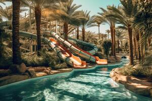 Water slides in the water park. Generative AI technology. photo