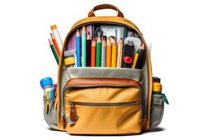 Colored pencils in backpack on a white background, isolated. technology. photo